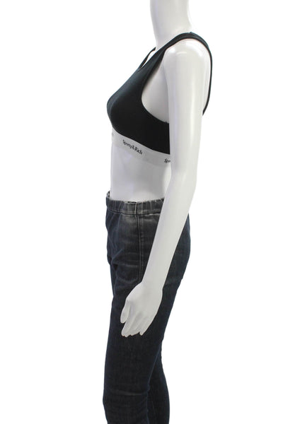 Sporty & Rich Womens Scoop Neck Ribbed Knit Logo Trim Sports Bra Black Small