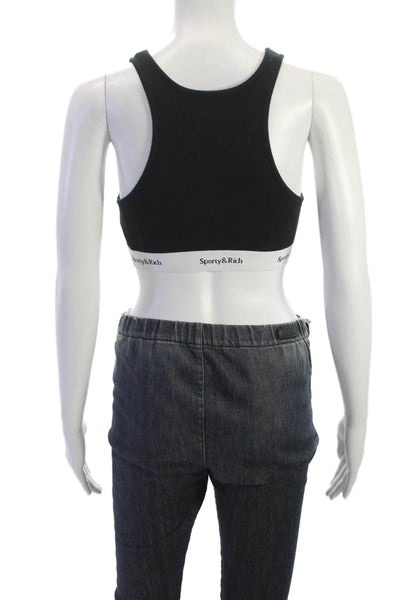 Sporty & Rich Womens Scoop Neck Ribbed Knit Logo Trim Sports Bra Black Small