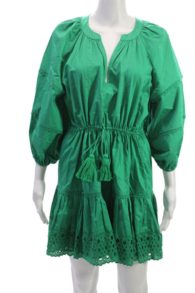 Alexis Women Mini Dress Green V Neck Long Sleeve Cotton Drawstring Size M