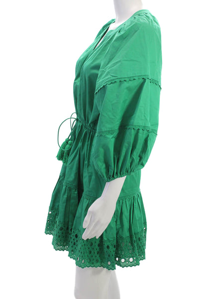 Alexis Women Mini Dress Green V Neck Long Sleeve Cotton Drawstring Size M