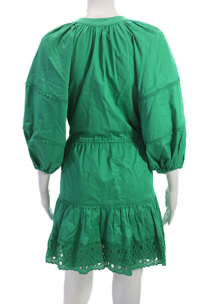Alexis Women Mini Dress Green V Neck Long Sleeve Cotton Drawstring Size M