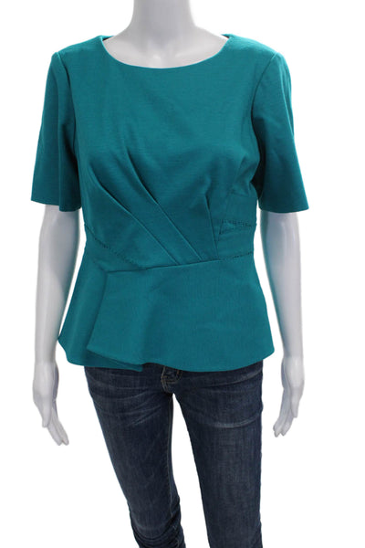 Elie Tahari Womens Green Wool Blend Blouse Short Sleeve Round Neck Zip Size M