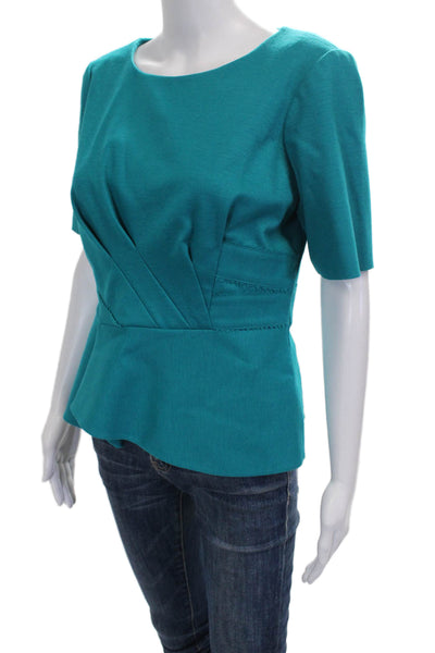 Elie Tahari Womens Green Wool Blend Blouse Short Sleeve Round Neck Zip Size M