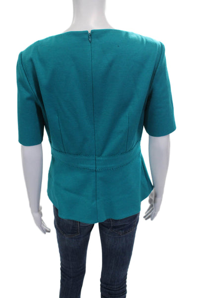 Elie Tahari Womens Green Wool Blend Blouse Short Sleeve Round Neck Zip Size M