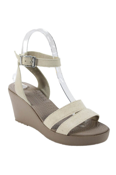 Crocs Womens Wedge Heel Ankle Strap Canvas Leather Sandals Beige Size 6