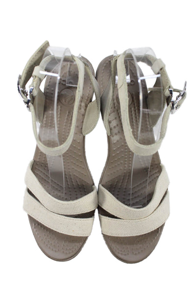 Crocs Womens Wedge Heel Ankle Strap Canvas Leather Sandals Beige Size 6