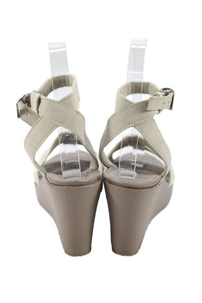 Crocs Womens Wedge Heel Ankle Strap Canvas Leather Sandals Beige Size 6