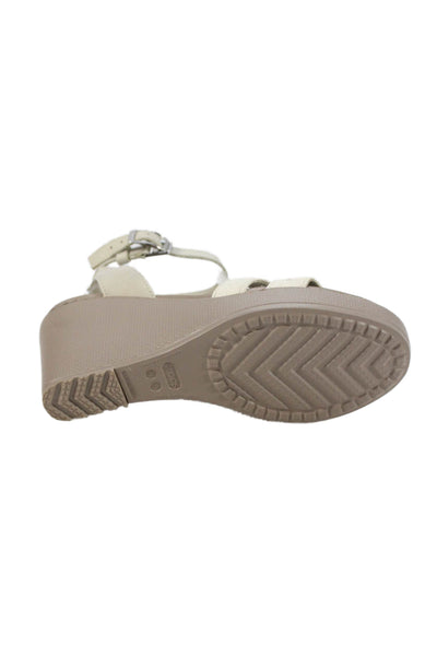 Crocs Womens Wedge Heel Ankle Strap Canvas Leather Sandals Beige Size 6