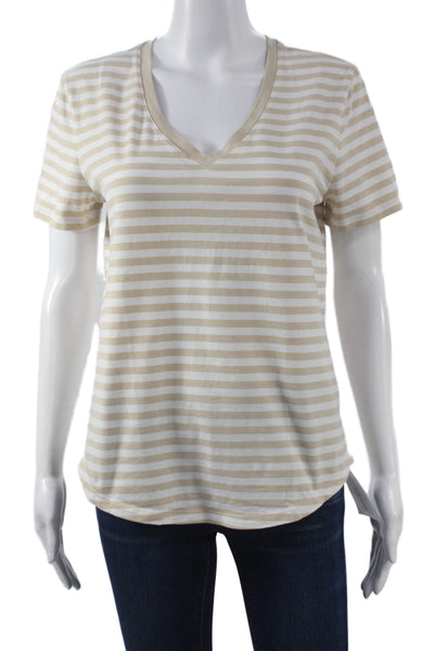 Lululemon Womens Beige Striped V-Neck Nylon Short Sleeve Basic T-Shirt Size S