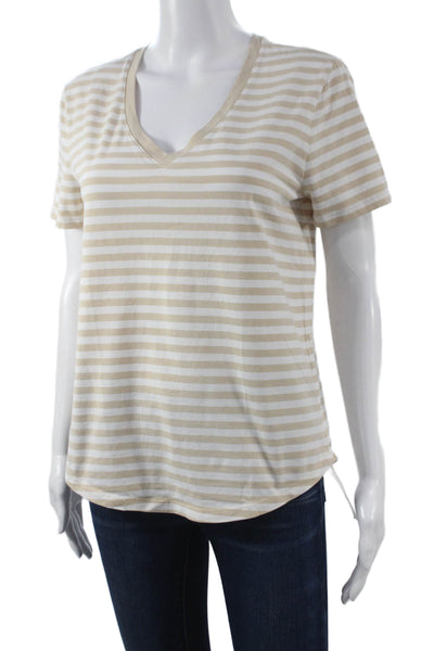 Lululemon Womens Beige Striped V-Neck Nylon Short Sleeve Basic T-Shirt Size S
