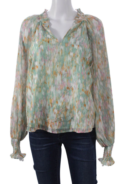 Aqua Women Basic Multicolor Abstract V-Neck Long Sleeve Polyester Blouse Size S