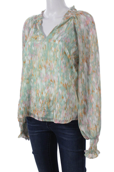 Aqua Women Basic Multicolor Abstract V-Neck Long Sleeve Polyester Blouse Size S