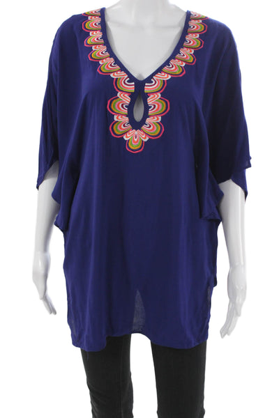 Trina Turk Women Short Sleeve Tunic Top Blue Rayon Blend Round Neck Size XS