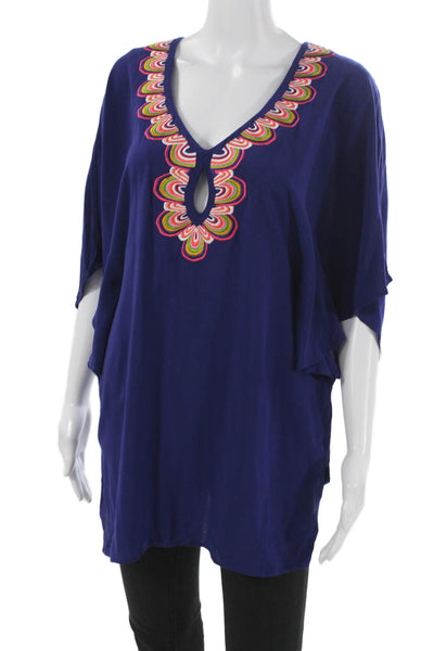 Trina Turk Women Short Sleeve Tunic Top Blue Rayon Blend Round Neck Size XS