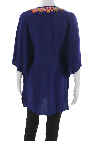 Trina Turk Women Short Sleeve Tunic Top Blue Rayon Blend Round Neck Size XS