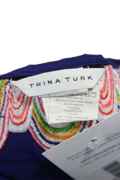Trina Turk Women Short Sleeve Tunic Top Blue Rayon Blend Round Neck Size XS