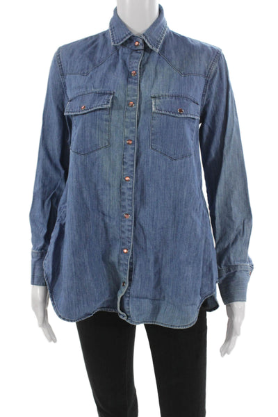 Current/Elliott Womens Button Up Cotton Collared Long Sleeve Blue Top Size 0