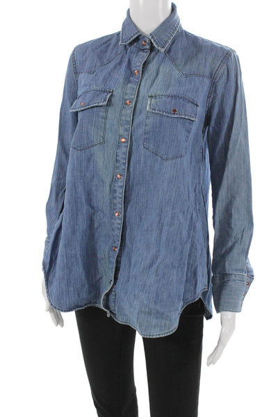 Current/Elliott Womens Button Up Cotton Collared Long Sleeve Blue Top Size 0