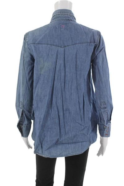 Current/Elliott Womens Button Up Cotton Collared Long Sleeve Blue Top Size 0