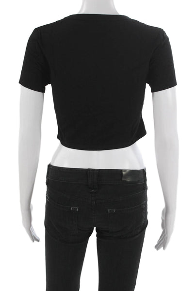 Dissh Womens Crop Top Black Cotton Short Sleeve Solid Size S