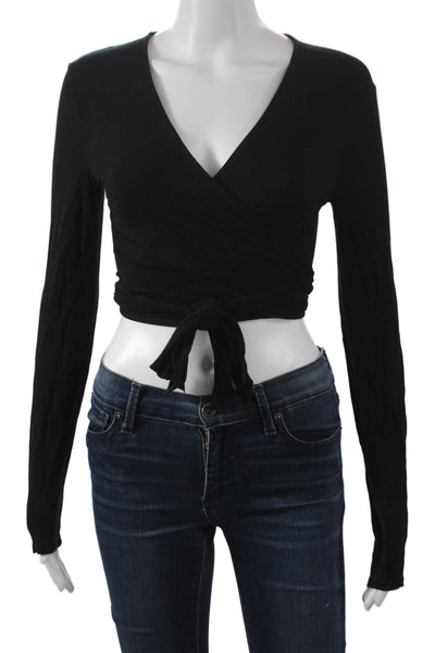FP Beach Womens Cropped Blouse Black Rayon V-Neck Long Sleeve Tie Petite Size S