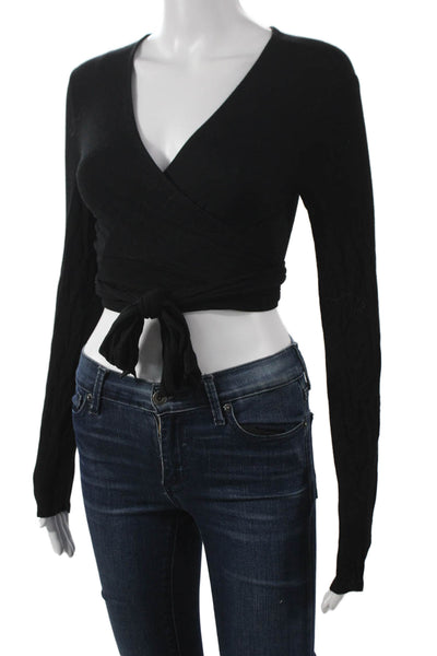 FP Beach Womens Cropped Blouse Black Rayon V-Neck Long Sleeve Tie Petite Size S