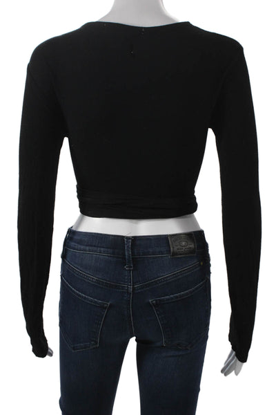 FP Beach Womens Cropped Blouse Black Rayon V-Neck Long Sleeve Tie Petite Size S