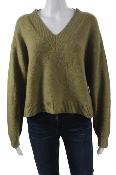 Open Edit Women Pullover Sweater Green V-Neck Nylon Long Sleeve Size S