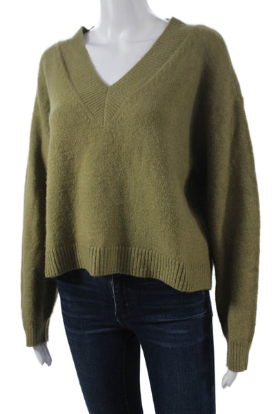 Open Edit Women Pullover Sweater Green V-Neck Nylon Long Sleeve Size S