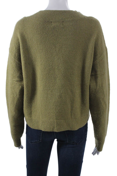 Open Edit Women Pullover Sweater Green V-Neck Nylon Long Sleeve Size S