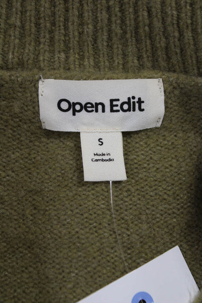 Open Edit Women Pullover Sweater Green V-Neck Nylon Long Sleeve Size S