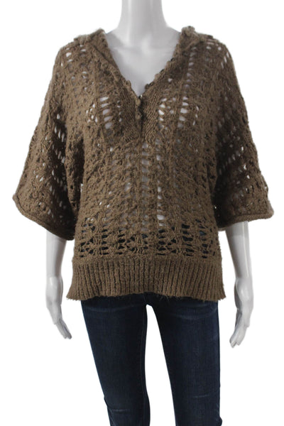 Free People Womens Pullover Sweater Brown V Neck 3/4 Sleeve Boho Size S