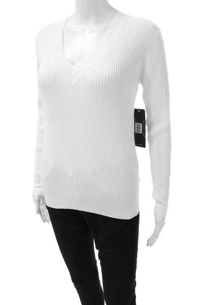 Korye Women V-Neck Long Sleeve White Pullover Size S