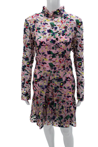 Erdem Women Mini Floral Silk Knee Length High Neck Long Sleeve Dress Size 10