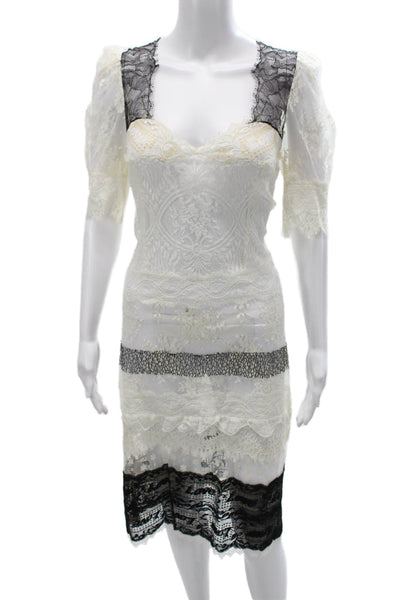 Cacharel Women Sheath Dress White Sweetheart Short Sleeve Lace Size 6