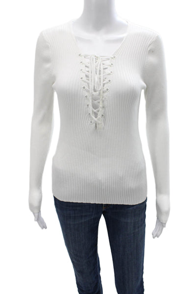 A.L.C. Womens Basic V-Neck Lace Up Long Sleeve Blouse White Size M