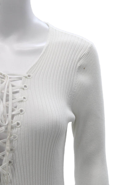 A.L.C. Womens Basic V-Neck Lace Up Long Sleeve Blouse White Size M