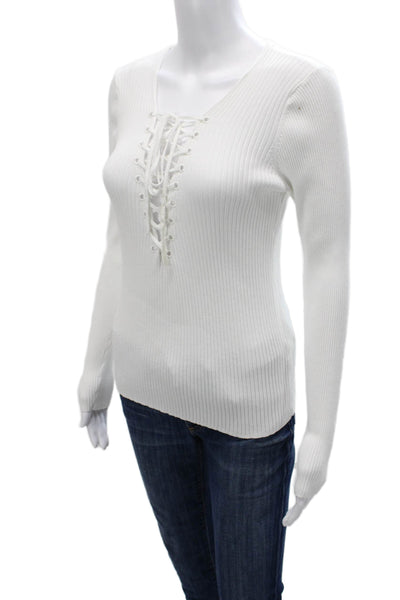 A.L.C. Womens Basic V-Neck Lace Up Long Sleeve Blouse White Size M