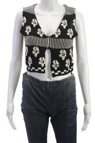 Tach Clothing Womens Floral Cotton VNeck Sleeveless Blouse Vest Black Size S