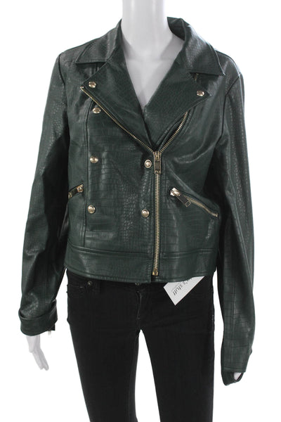Catherine Malandrino Women Green Reptile Print Biker Jacket Zip Size M