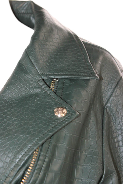 Catherine Malandrino Women Green Reptile Print Biker Jacket Zip Size M