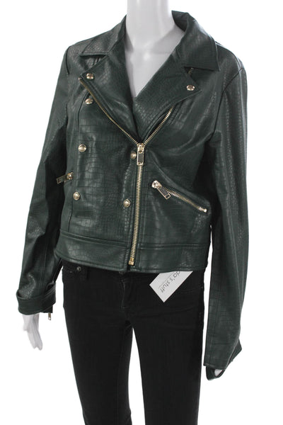 Catherine Malandrino Women Green Reptile Print Biker Jacket Zip Size M
