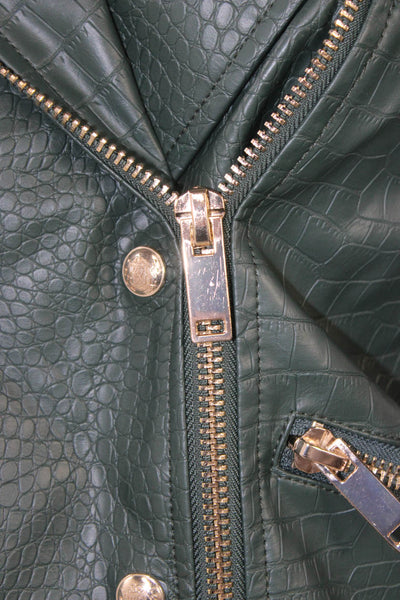 Catherine Malandrino Women Green Reptile Print Biker Jacket Zip Size M