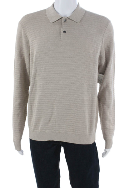 Elie Tahari Mens Wool Pullover Sweater Beige Collared Long Sleeve Size M