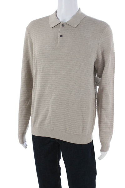 Elie Tahari Mens Wool Pullover Sweater Beige Collared Long Sleeve Size M