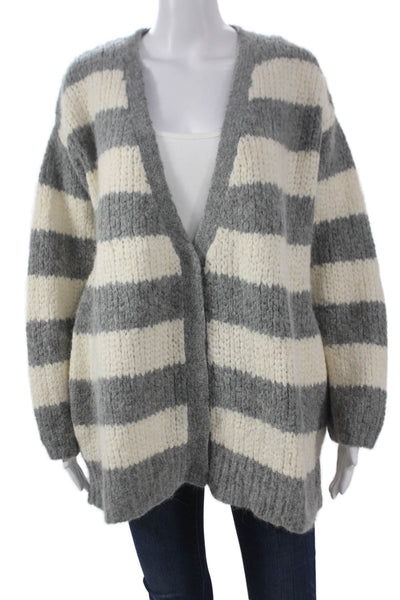 Elizabeth & James Women Gray Striped V-Neck Cardigan Size L