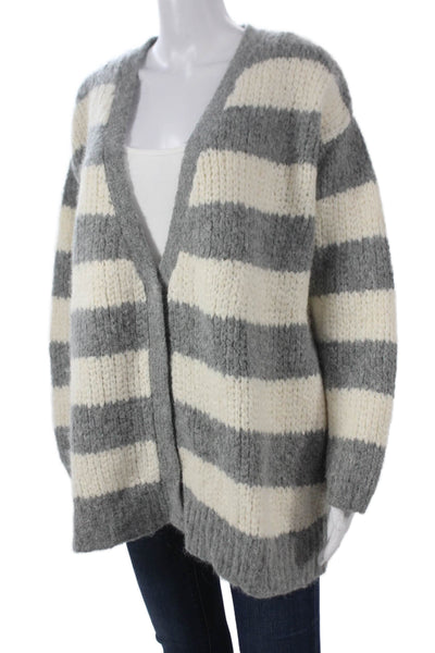 Elizabeth & James Women Gray Striped V-Neck Cardigan Size L
