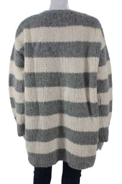 Elizabeth & James Women Gray Striped V-Neck Cardigan Size L