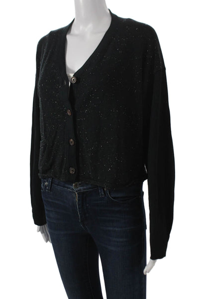 Margaret OLeary Women Cardigan Black 100% Cotton V-Neck Long Sleeve Size XS