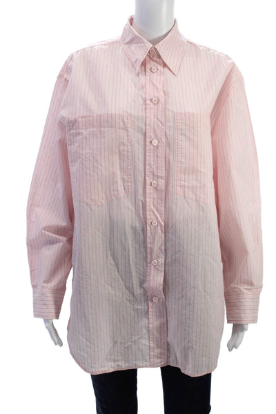 Zara Women Buttoned Down Collared Striped Cotton Long Sleeve Top Pink Size L